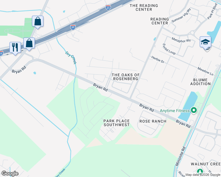map of restaurants, bars, coffee shops, grocery stores, and more near 5414 Cunningham Lane in Rosenberg