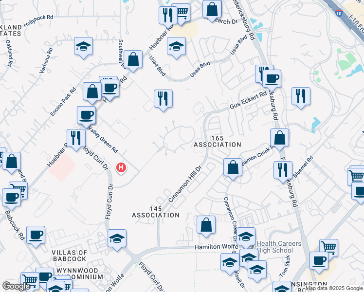 map of restaurants, bars, coffee shops, grocery stores, and more near 401 Apple Way Drive in San Antonio