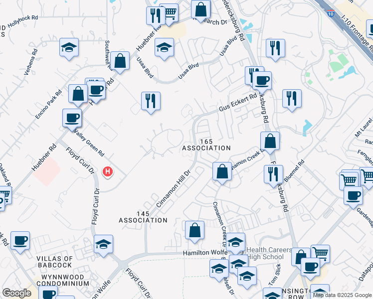 map of restaurants, bars, coffee shops, grocery stores, and more near 9203 Cinnamon Hill Drive in San Antonio