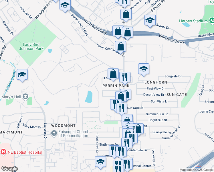 map of restaurants, bars, coffee shops, grocery stores, and more near 4114 Clearspring Drive in San Antonio