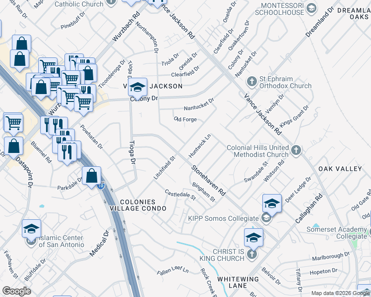 map of restaurants, bars, coffee shops, grocery stores, and more near 3406 Litchfield Street in San Antonio