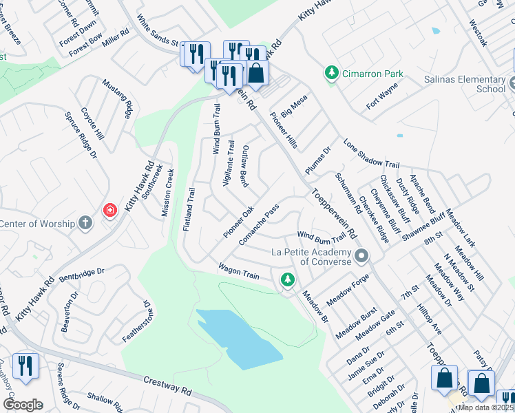map of restaurants, bars, coffee shops, grocery stores, and more near 8124 Pioneer Oak in Converse