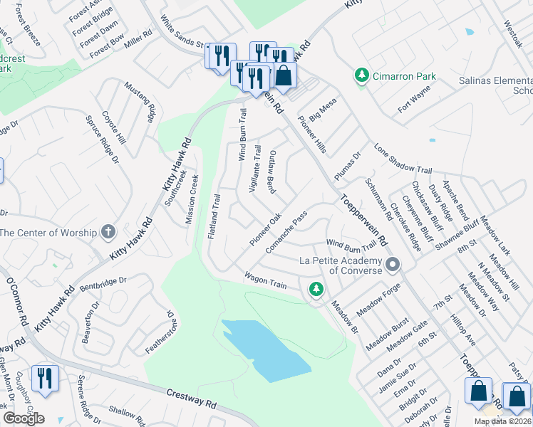 map of restaurants, bars, coffee shops, grocery stores, and more near 10115 Vigilante Trail in Converse