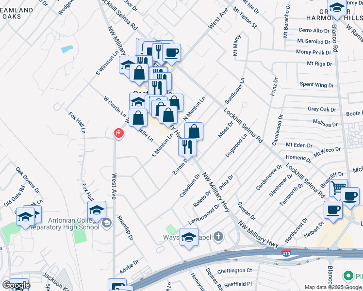 map of restaurants, bars, coffee shops, grocery stores, and more near 2002 Farm to Market Road 1535 in Castle Hills