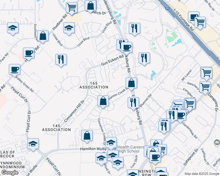 map of restaurants, bars, coffee shops, grocery stores, and more near 9639 Fredericksburg Road in San Antonio