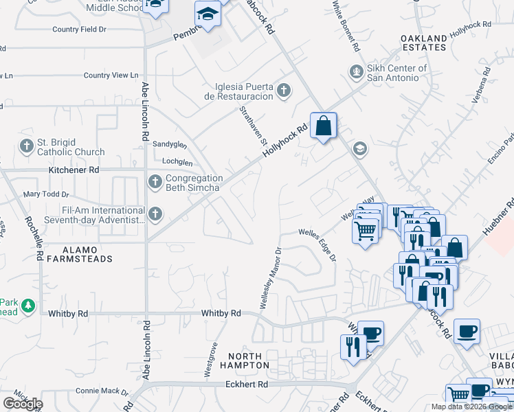 map of restaurants, bars, coffee shops, grocery stores, and more near 9410 Whisper Point in San Antonio