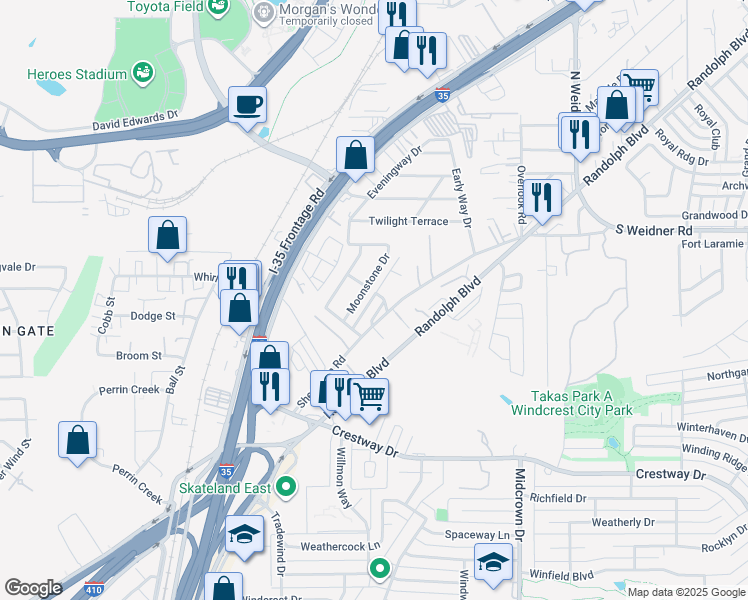 map of restaurants, bars, coffee shops, grocery stores, and more near 122 Crippen Avenue in San Antonio