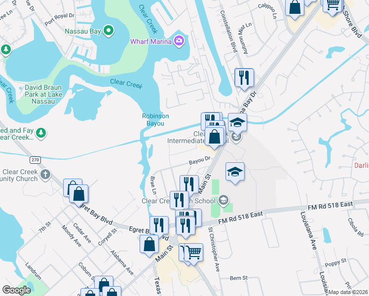 map of restaurants, bars, coffee shops, grocery stores, and more near 2326 Bayou Dr in League City
