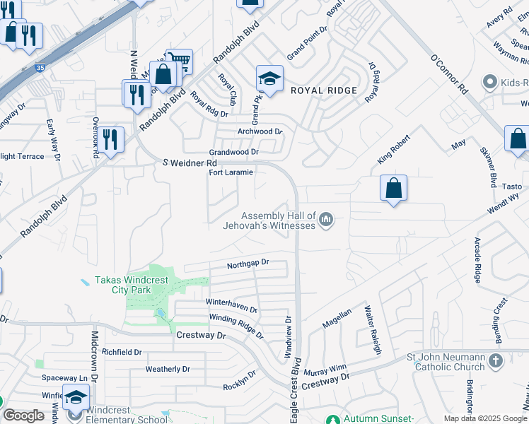 map of restaurants, bars, coffee shops, grocery stores, and more near 6015 Bronco Way in San Antonio