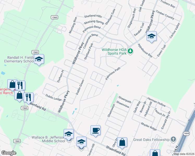 map of restaurants, bars, coffee shops, grocery stores, and more near 9414 Pegasus Run Road in San Antonio