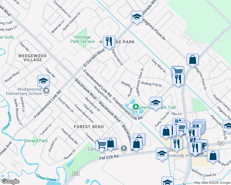 map of restaurants, bars, coffee shops, grocery stores, and more near 3111 Genessee Creek Lane in Friendswood