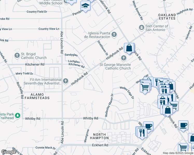 map of restaurants, bars, coffee shops, grocery stores, and more near 6455 Brookway Drive in San Antonio