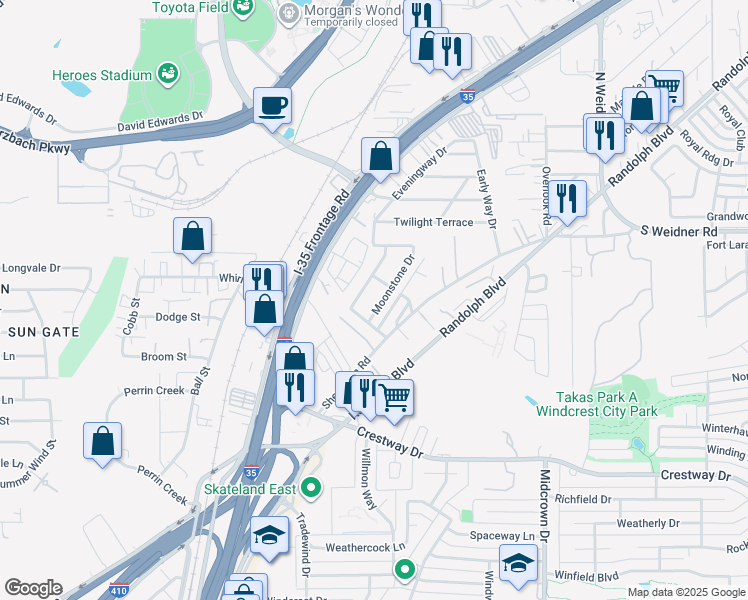 map of restaurants, bars, coffee shops, grocery stores, and more near 5243 Sherri Ann Road in San Antonio