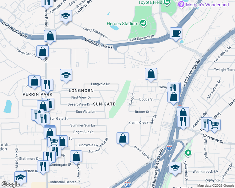 map of restaurants, bars, coffee shops, grocery stores, and more near 9610 Moraga Street in San Antonio
