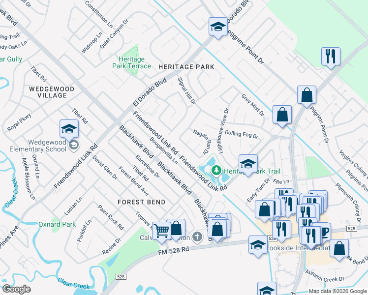 map of restaurants, bars, coffee shops, grocery stores, and more near 3111 Genessee Creek Lane in Friendswood