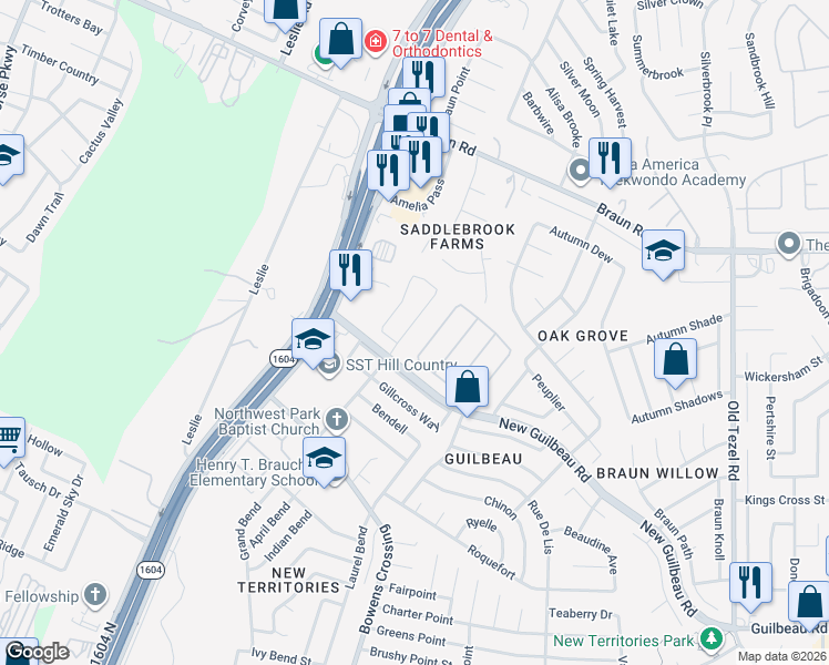 map of restaurants, bars, coffee shops, grocery stores, and more near 9023 Arch Bridge in San Antonio
