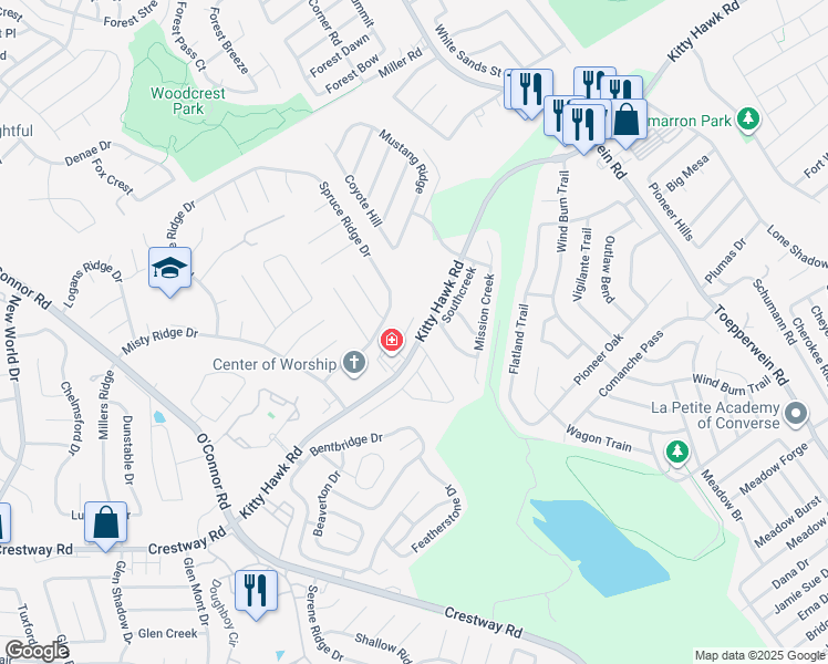 map of restaurants, bars, coffee shops, grocery stores, and more near 10018 Vasso View in Converse