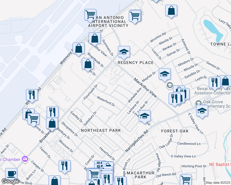 map of restaurants, bars, coffee shops, grocery stores, and more near 9814 Salisbury Drive in San Antonio