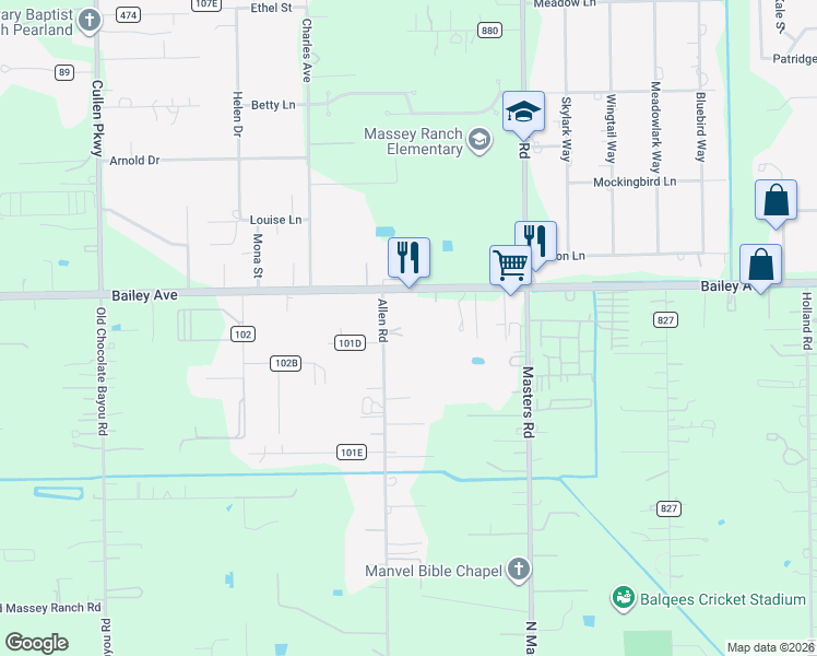 map of restaurants, bars, coffee shops, grocery stores, and more near 3725 Allen Road in Pearland