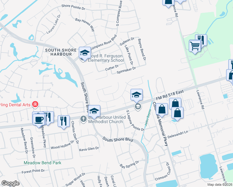 map of restaurants, bars, coffee shops, grocery stores, and more near 2025 Pembroke Bay Drive in League City
