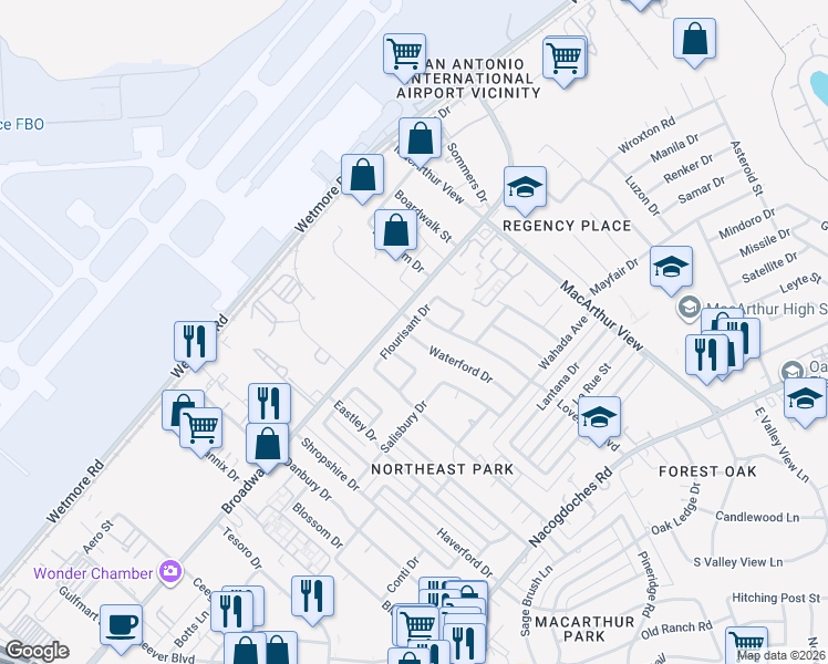 map of restaurants, bars, coffee shops, grocery stores, and more near 2503 Waterford Drive in San Antonio
