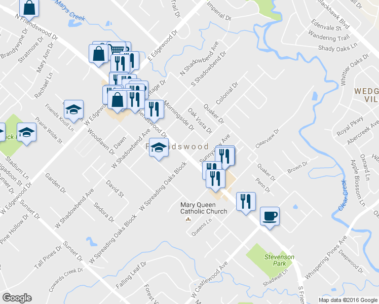map of restaurants, bars, coffee shops, grocery stores, and more near 417 South Friendswood Drive in Friendswood
