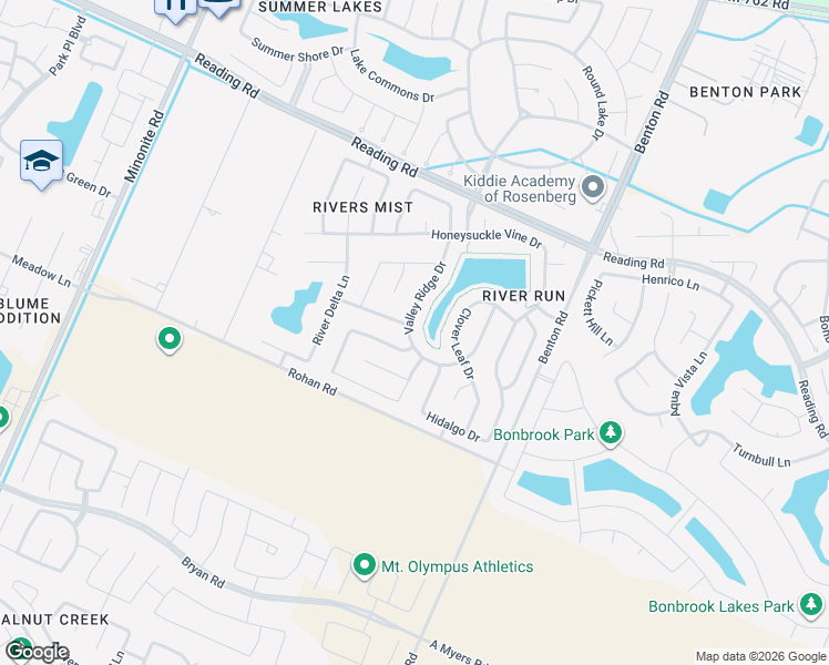 map of restaurants, bars, coffee shops, grocery stores, and more near 907 Valley Ridge Drive in Rosenberg
