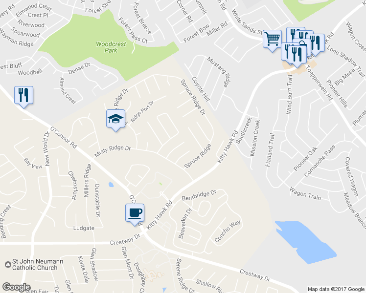 map of restaurants, bars, coffee shops, grocery stores, and more near 7230 Southern Ridge in Converse