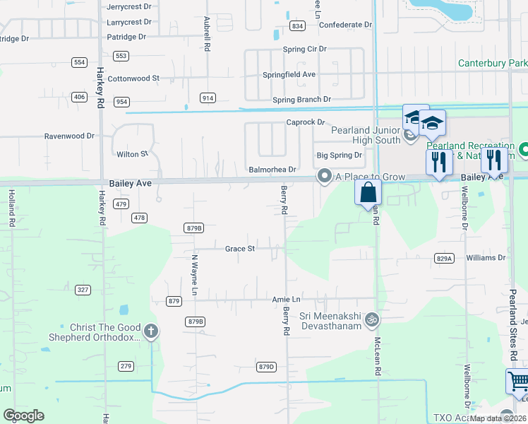 map of restaurants, bars, coffee shops, grocery stores, and more near 16640 Berry Road in Pearland
