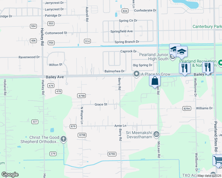 map of restaurants, bars, coffee shops, grocery stores, and more near 16640 Berry Road in Pearland