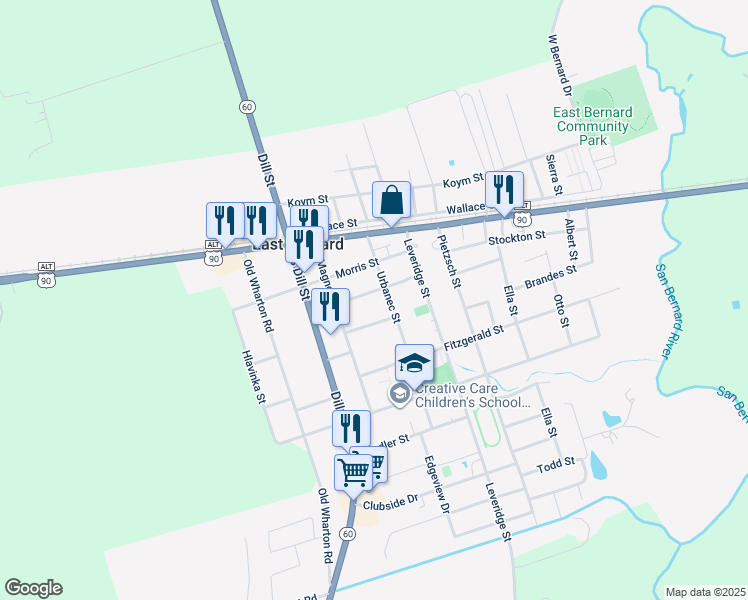 map of restaurants, bars, coffee shops, grocery stores, and more near 306 Urbanec Street in East Bernard