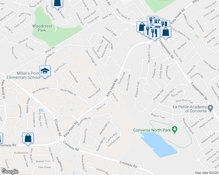 map of restaurants, bars, coffee shops, grocery stores, and more near 10011 Vasso View in Converse