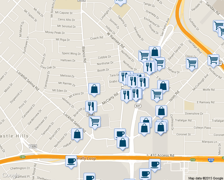 map of restaurants, bars, coffee shops, grocery stores, and more near 528 Southtrail Drive in San Antonio
