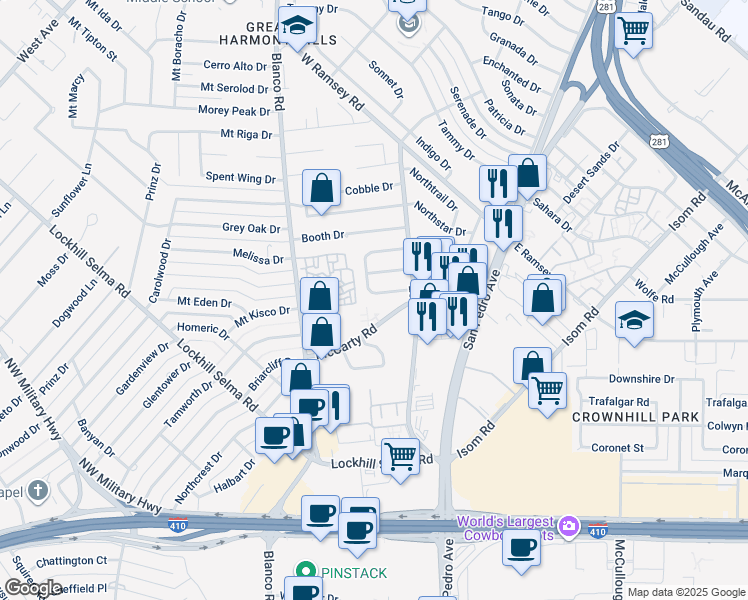 map of restaurants, bars, coffee shops, grocery stores, and more near 528 Southtrail Drive in San Antonio