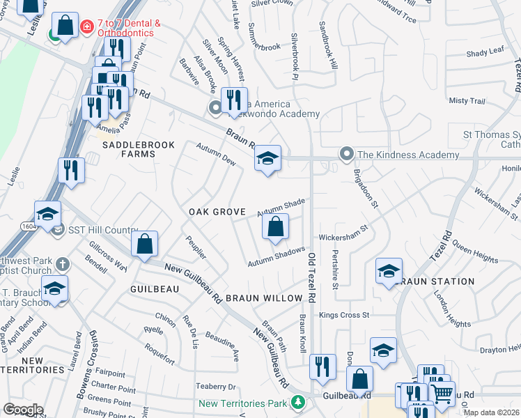 map of restaurants, bars, coffee shops, grocery stores, and more near 9555 Autumn Shade in San Antonio