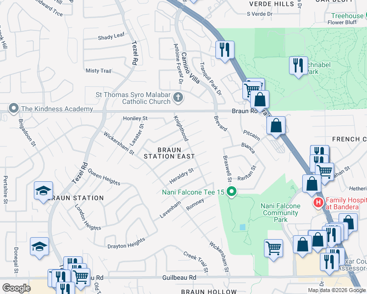 map of restaurants, bars, coffee shops, grocery stores, and more near 8307 Brixton in San Antonio