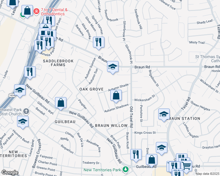 map of restaurants, bars, coffee shops, grocery stores, and more near 9555 Autumn Shade in San Antonio