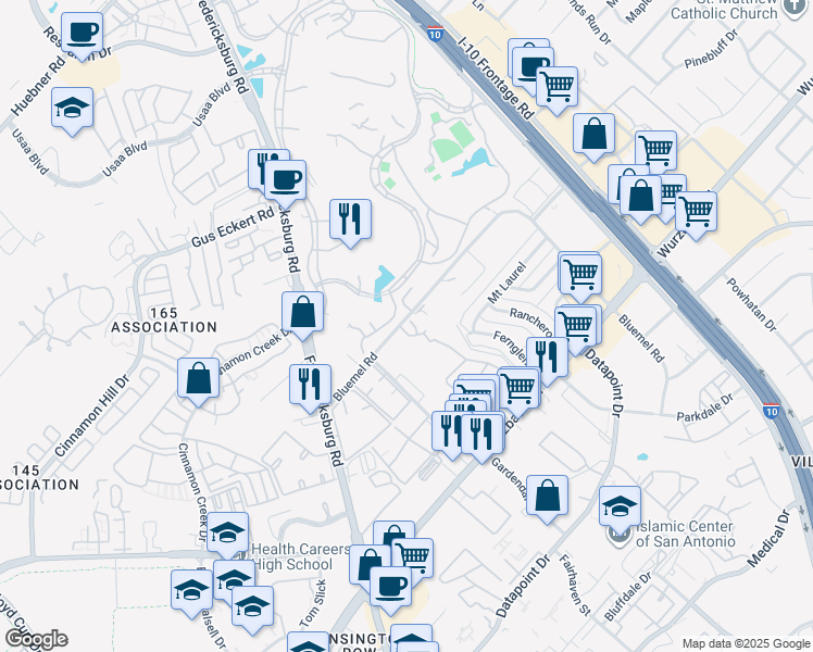 map of restaurants, bars, coffee shops, grocery stores, and more near 4400 Bluemel Road in San Antonio