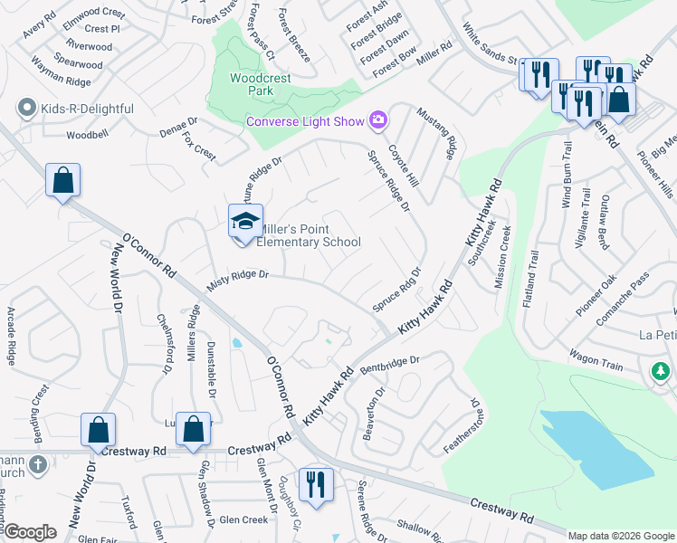 map of restaurants, bars, coffee shops, grocery stores, and more near 7214 Frontier Ridge Drive in Converse