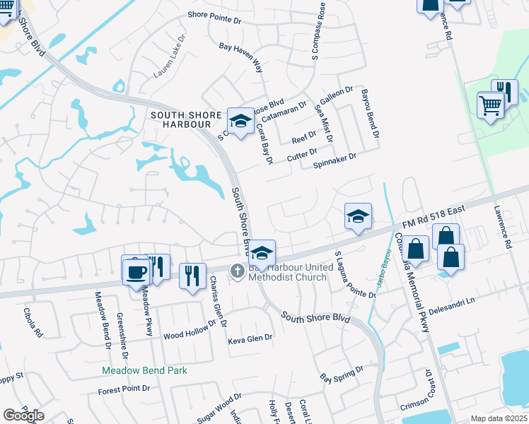 map of restaurants, bars, coffee shops, grocery stores, and more near 2005 Barrington Pointe Drive in League City