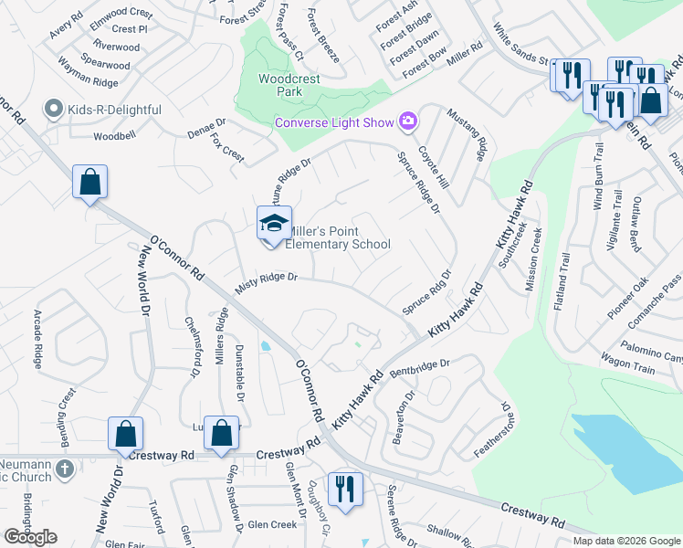 map of restaurants, bars, coffee shops, grocery stores, and more near 9706 Golden Ridge Drive in Converse