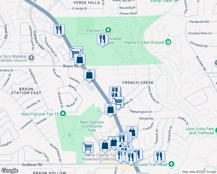 map of restaurants, bars, coffee shops, grocery stores, and more near 7823 Mary Carolyn Street in San Antonio