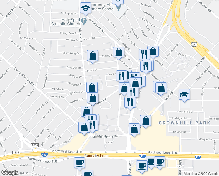 map of restaurants, bars, coffee shops, grocery stores, and more near 528 Southtrail Drive in San Antonio
