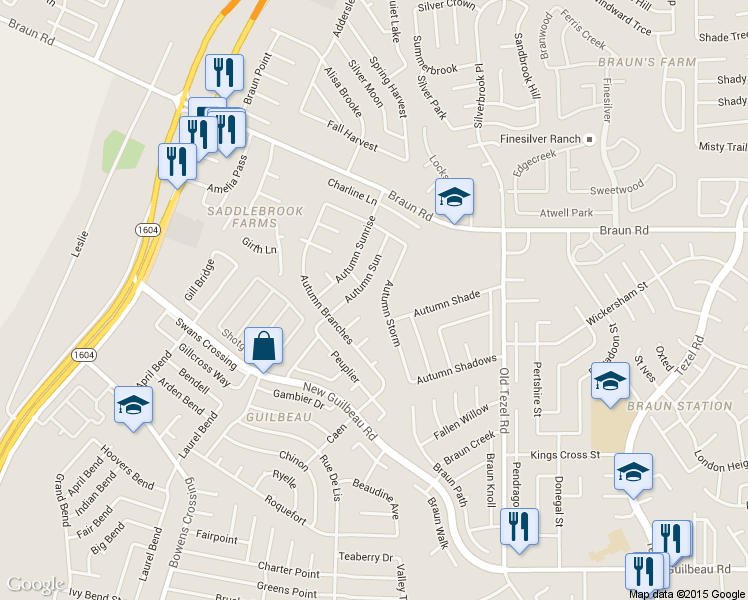 map of restaurants, bars, coffee shops, grocery stores, and more near 9223 Autumn Storm in San Antonio