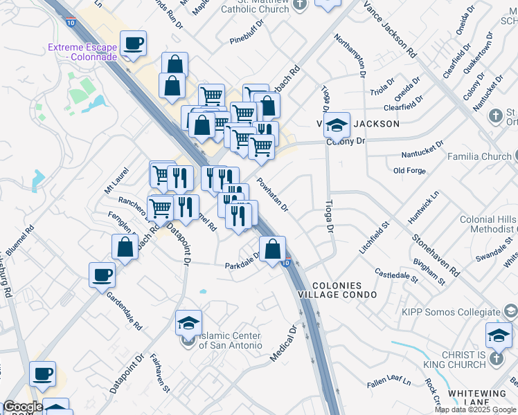 map of restaurants, bars, coffee shops, grocery stores, and more near 613 Frontage Road in San Antonio