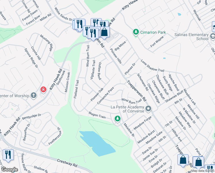 map of restaurants, bars, coffee shops, grocery stores, and more near 8124 Pioneer Oak in Converse