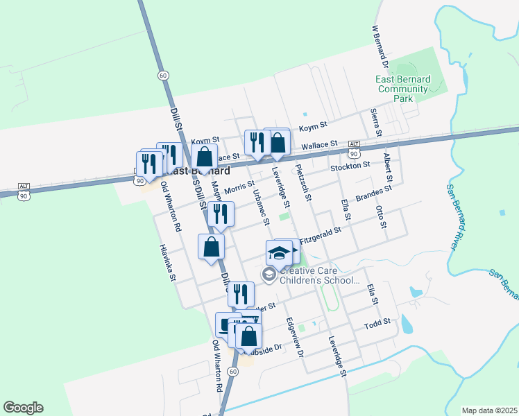 map of restaurants, bars, coffee shops, grocery stores, and more near 306 Urbanec Street in East Bernard