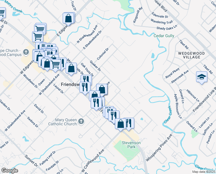 map of restaurants, bars, coffee shops, grocery stores, and more near 201C Skyview Terrace in Friendswood