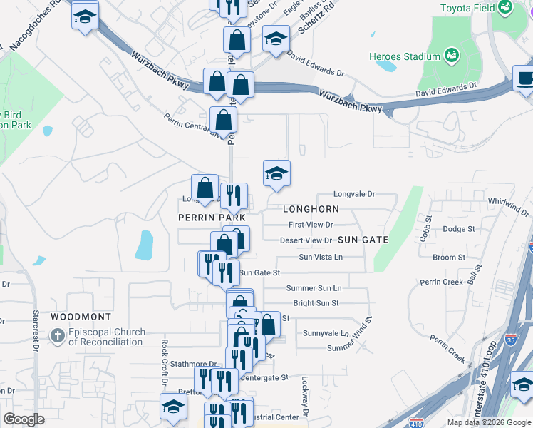 map of restaurants, bars, coffee shops, grocery stores, and more near 4250 Clearspring Drive in San Antonio