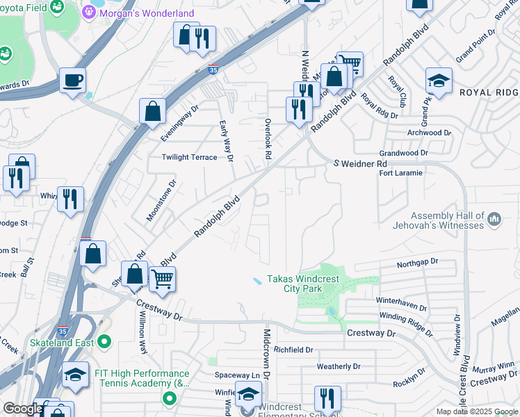 map of restaurants, bars, coffee shops, grocery stores, and more near 10 Basin Elm in San Antonio